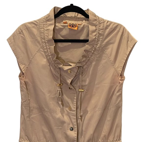 Tory Burch Dress Women 4 Pepper Shirt Safari Khaki Tan Snap Front Mini Drawstrin - Picture 2 of 16